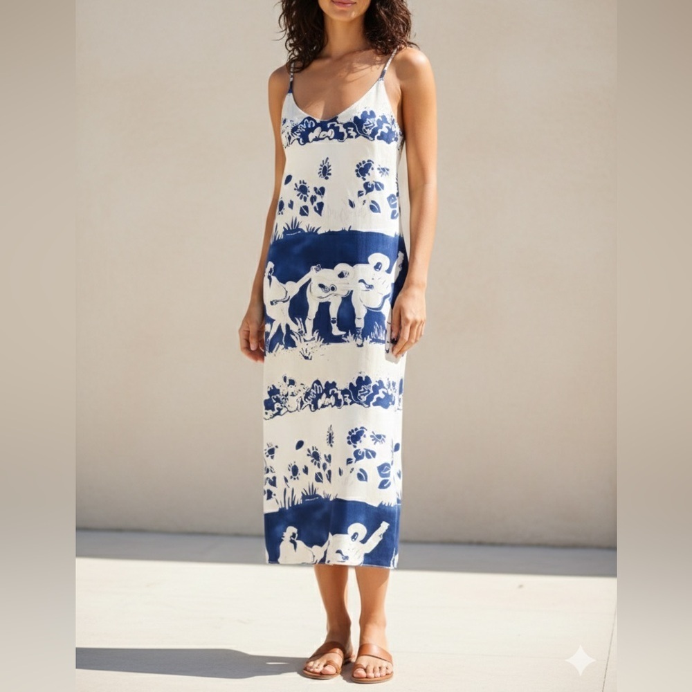 Stone Fox Wear Linen Blend Midi Print Dress